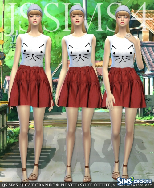Платье Cat Graphic &amp; Pleated Skirt от [JS SIMS 4]